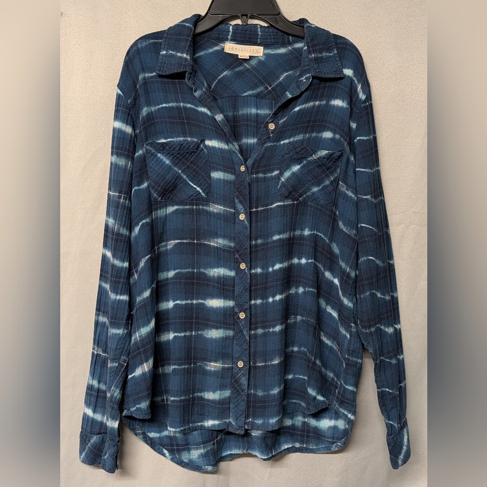 lovestitch Blue Tie-Dye Plaid Shirt Size Small